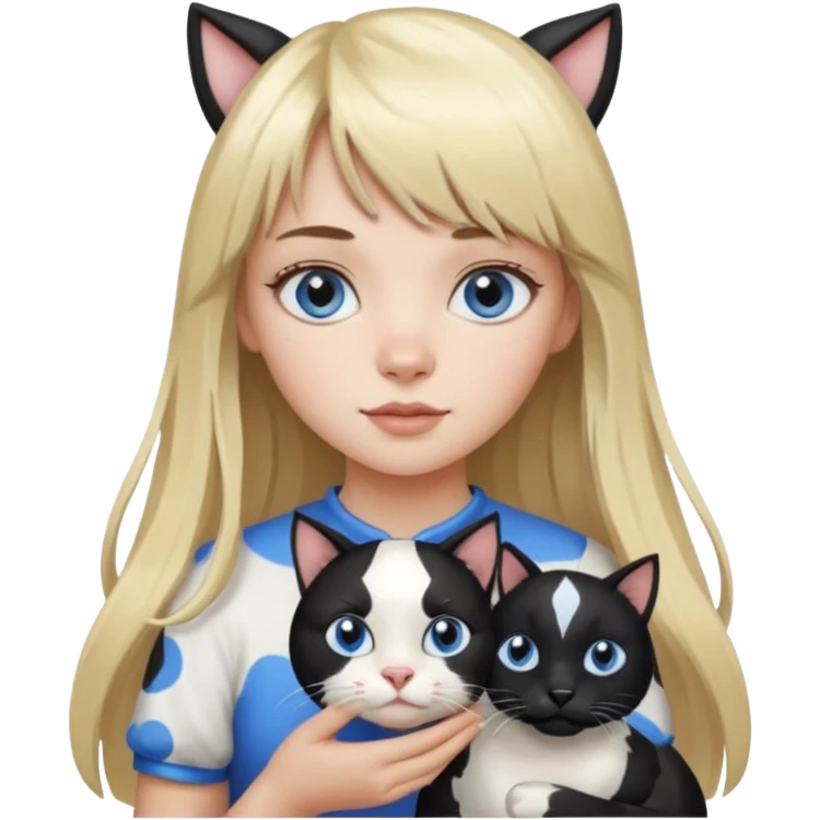 One  cat black and white stain like a cow in the arms of long blond hair girl with bangs and blue eyes emoji