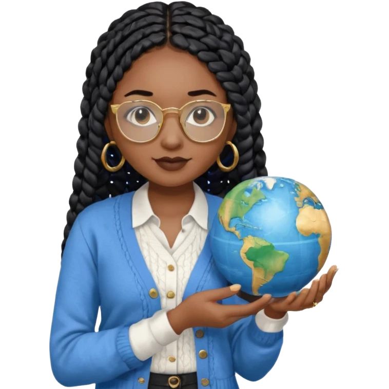 a-young-woman-wearing-fine-gold-round-glasses-and-black-hair-in-several-box-braids,-she-has-light-black-skin,-and-she's-wearing-a-white-shirt-with-an-blue-cardigan-on-top.-she's-holding-a-globe-in-one-hand.png emoji