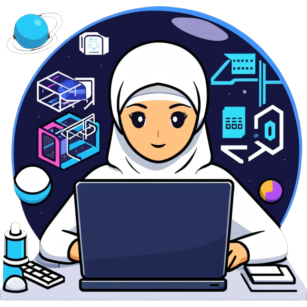 computer engineer with white hijab immersed in augmented reality, surrounded by floating metaverse elements, digital codes, virtual machines, tech graphics emoji