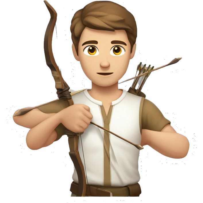 a male archer with a bow, wearing a white shirt, very short brown hair, bright skin, only show upper part of the body from waist up emoji