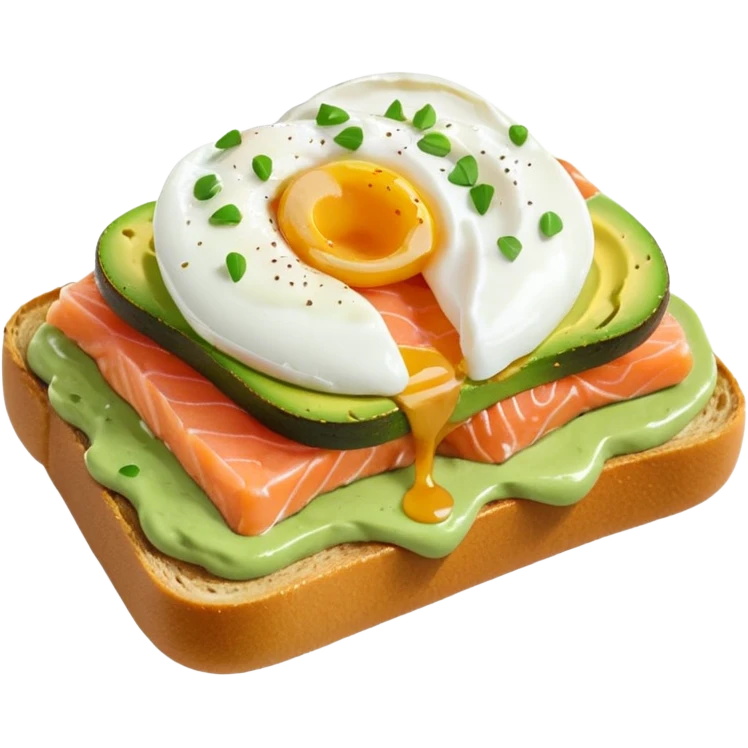 avocado toast with salmon and pachot eggs, green cream emoji