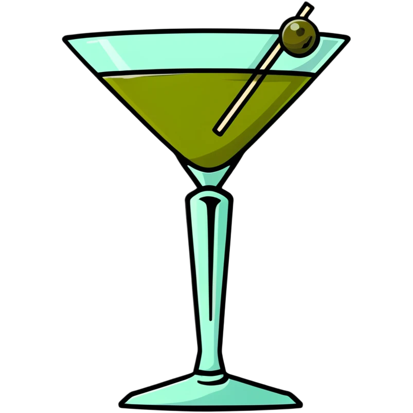 martini glass with clear liquid and an olive at the bottom skewered by a toothpick emoji