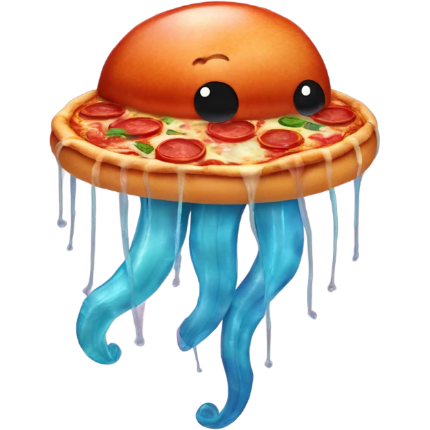 A jellyfish wearing a hat holding a pepperoni pizza emoji