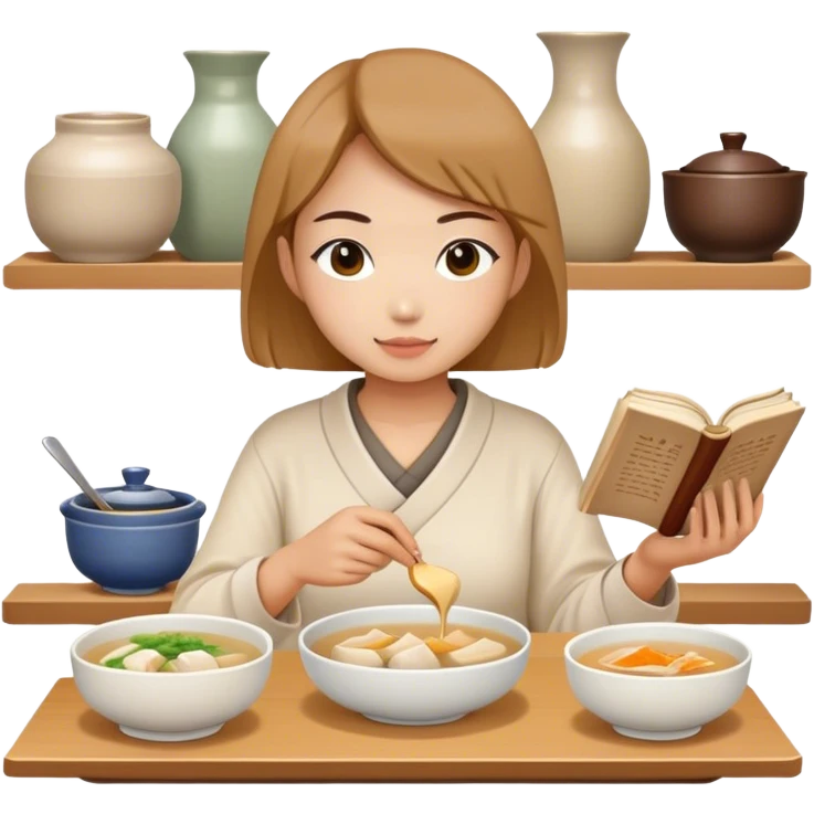 그릇에 담긴 삼계탕을 앞에 두고 책을 든 여자 emoji