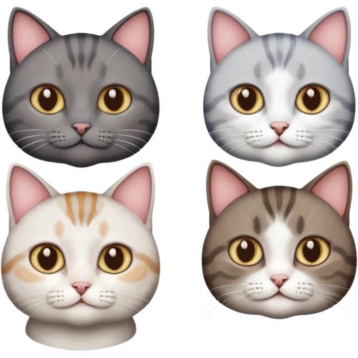 4 different coloured short haired cats including; a dark brown tabby and white cat, and a dark grey and white  emoji