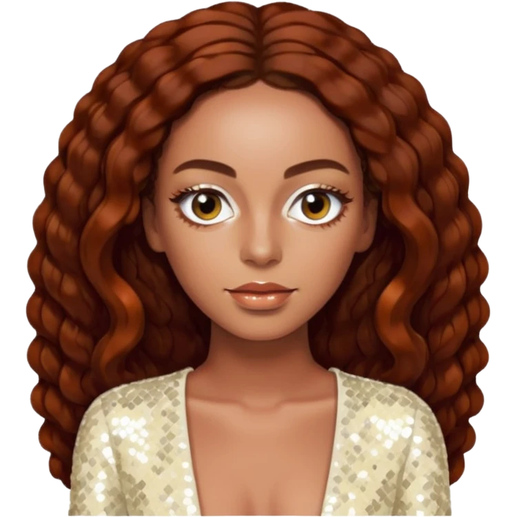 Solange with long dark auburn hair, ivory sequin outfit  emoji