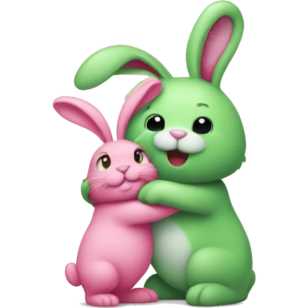 Green bunny hugging pink bunny emoji