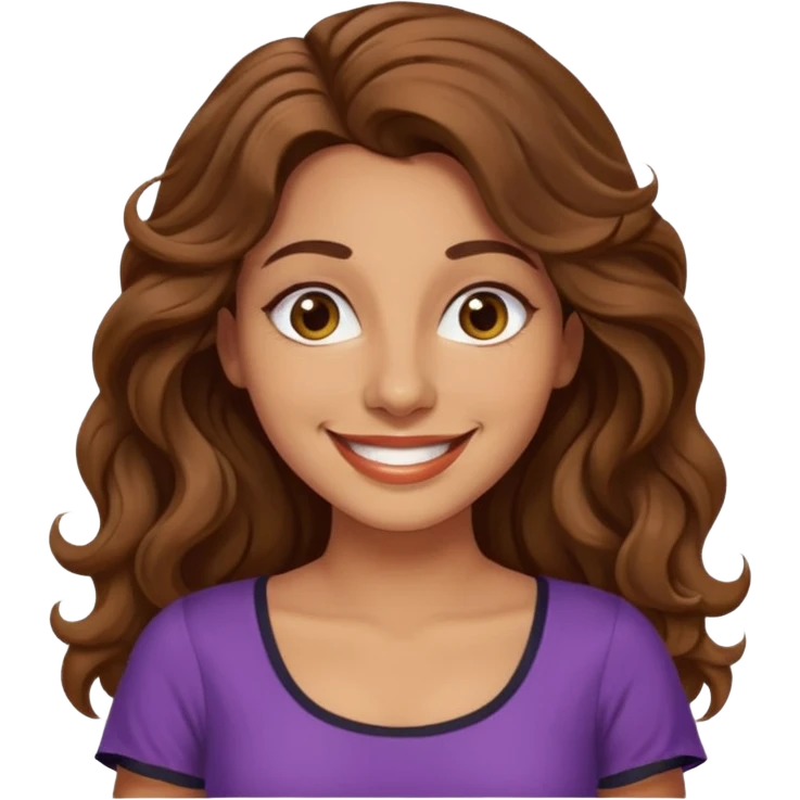 30 yr old italian woman, long brown wavy hair, big brown eyes, huge smile, fancy dress, no bangs, t shirt emoji