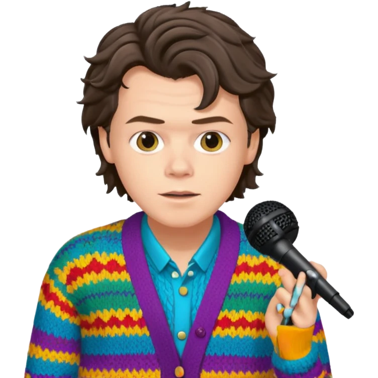 harry styles with a mic, he is wearing a colorful cardigan emoji