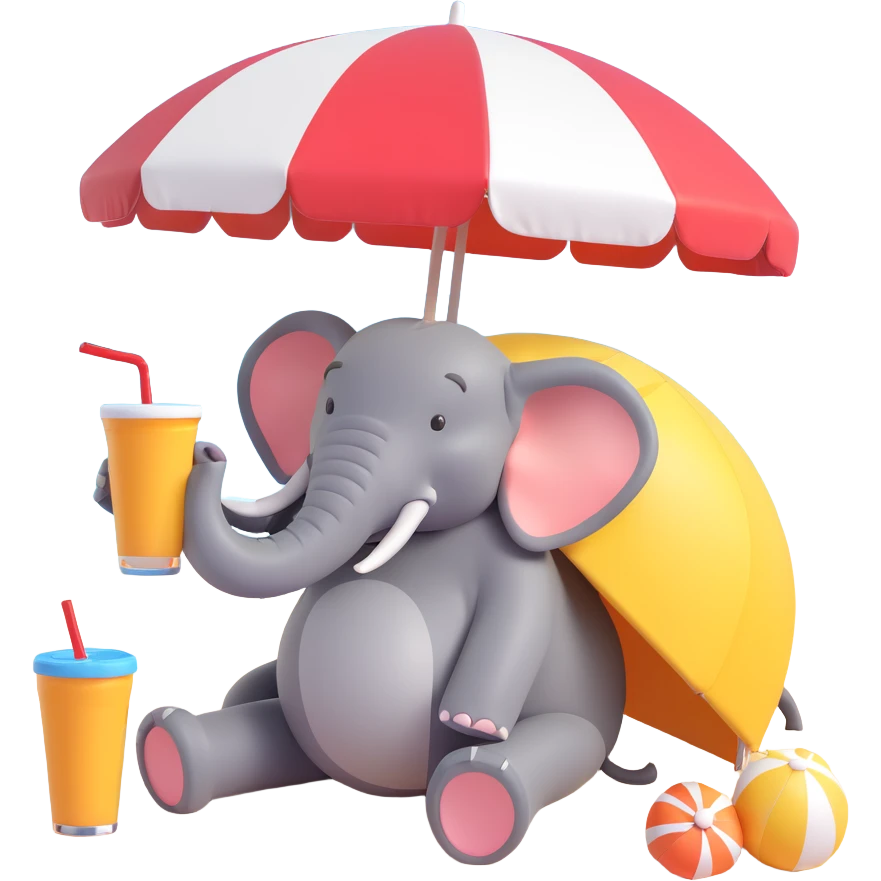 elephant relaxing under a beach umbrella, wearing swim trunks and sipping a cold drink emoji