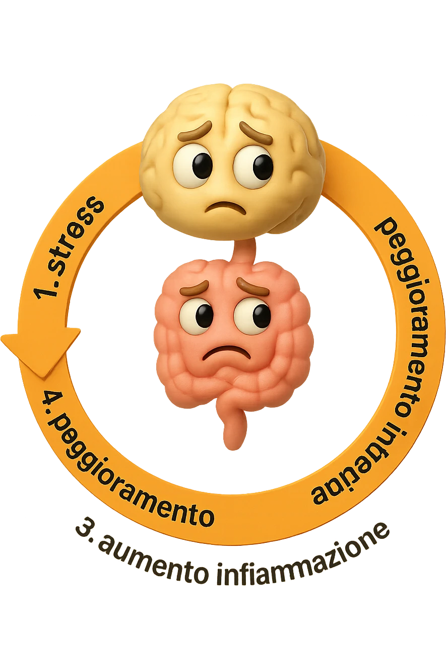 EMOJI STILE IPHONE 3D DI un cerchio con queste scritte che girano intorno in ordine per come li ho scritti "1. stress → 2. peggioramento intestinale → 3. aumento infiammazione → 4. peggioramento sintomi intestinali e sistemici." al centro del cerchio metti un cervello e intestino umani collegati verticalmente con espressione dubbiosa in volto, FALLO MOLTO REALISTICO IN 3D emoji