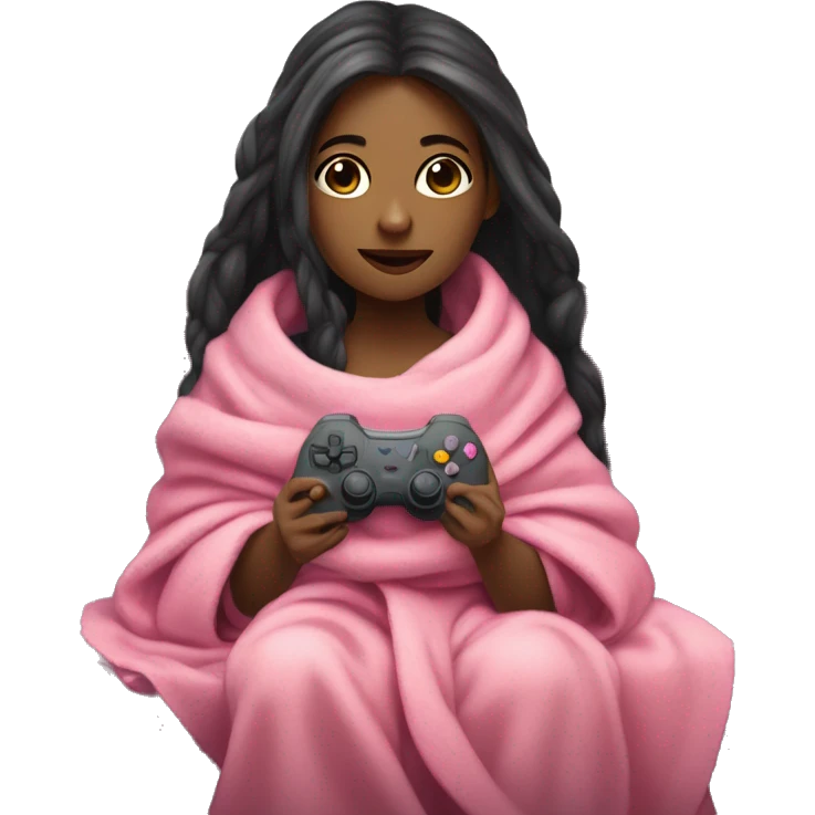 Olive skinned girl with long dark hair wrapped up in a blanket sitting on a couch with a pink gaming controller in her hands emoji
