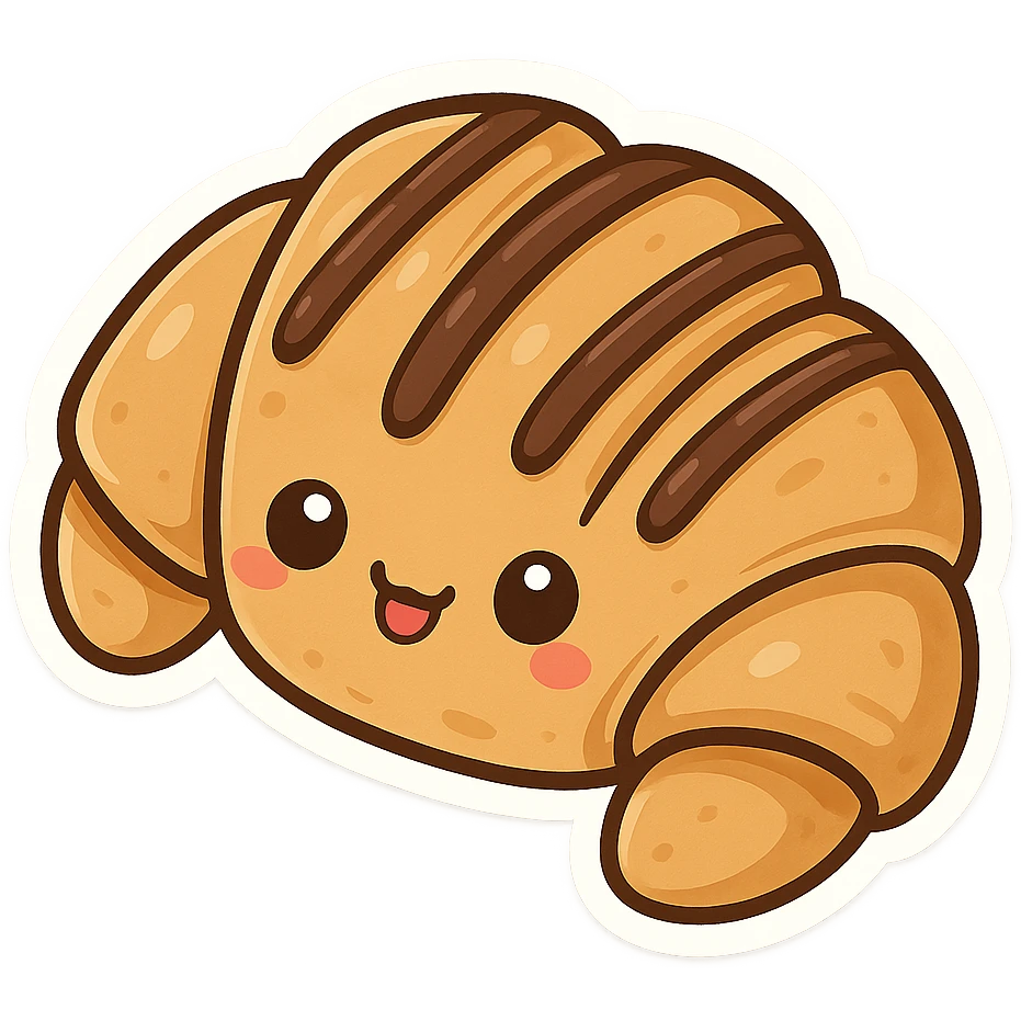 chibi sticker-style croissant with chocolate drizzle, cute and exaggerated emoji