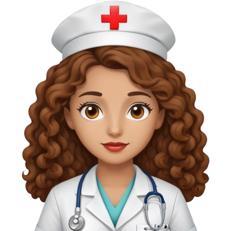 Nurse, brown long curly hair, brown eyes emoji