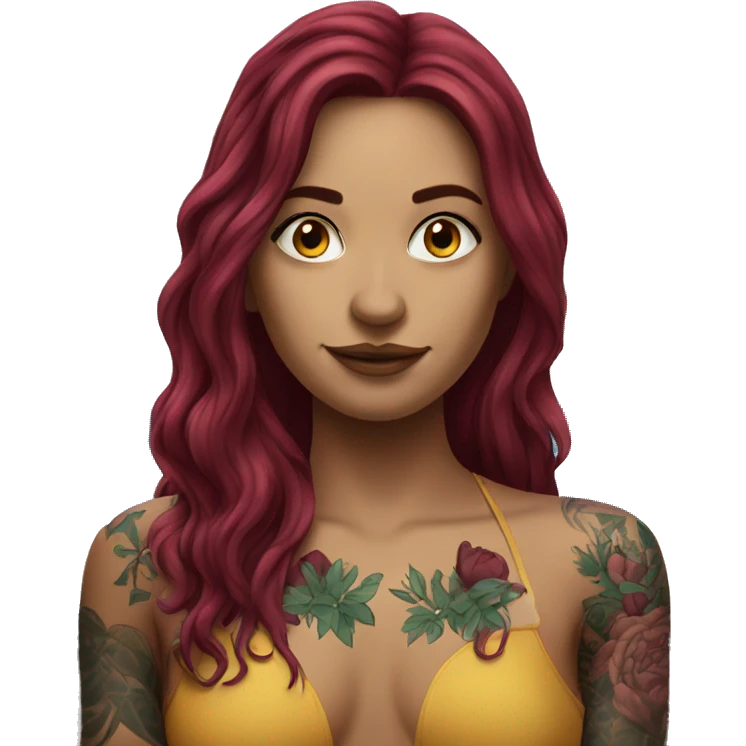 Beautiful tattooed  burgundy long haired woman swimming in a pool emoji