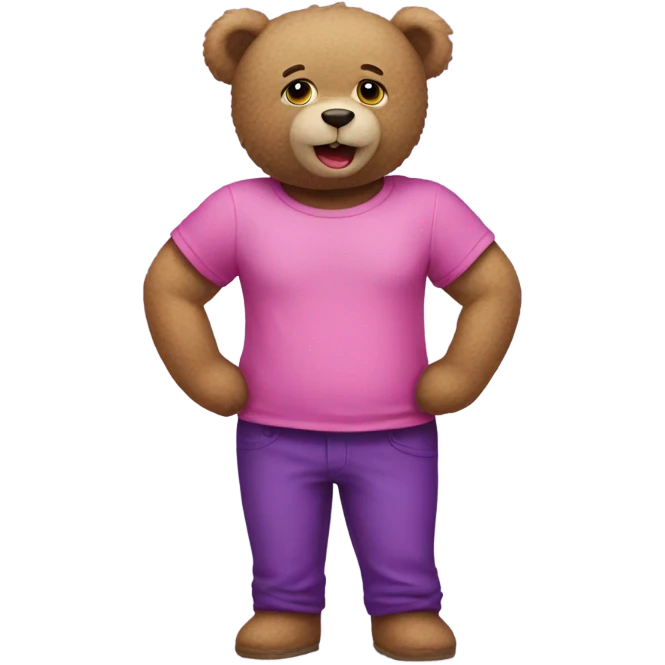 Teddy bear wearing purple pants with lipstick and a pink T shirt emoji
