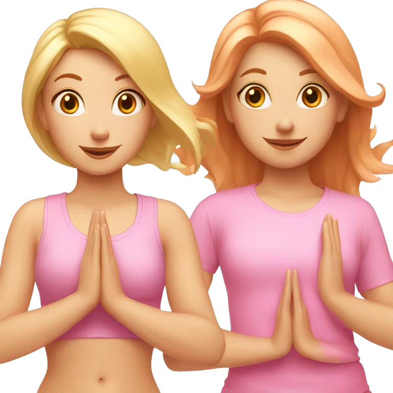two girls doing yoga, one pale with copper hair and dressed in all pink, the other one blonde emoji