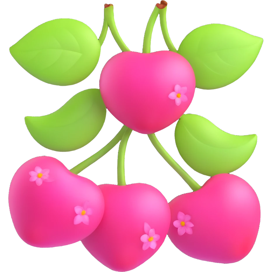 3D iOS-style illustration of two bright pink cherries with green leaves and pink flowers, pastel color palette, semi-transparent flowers, no background. emoji