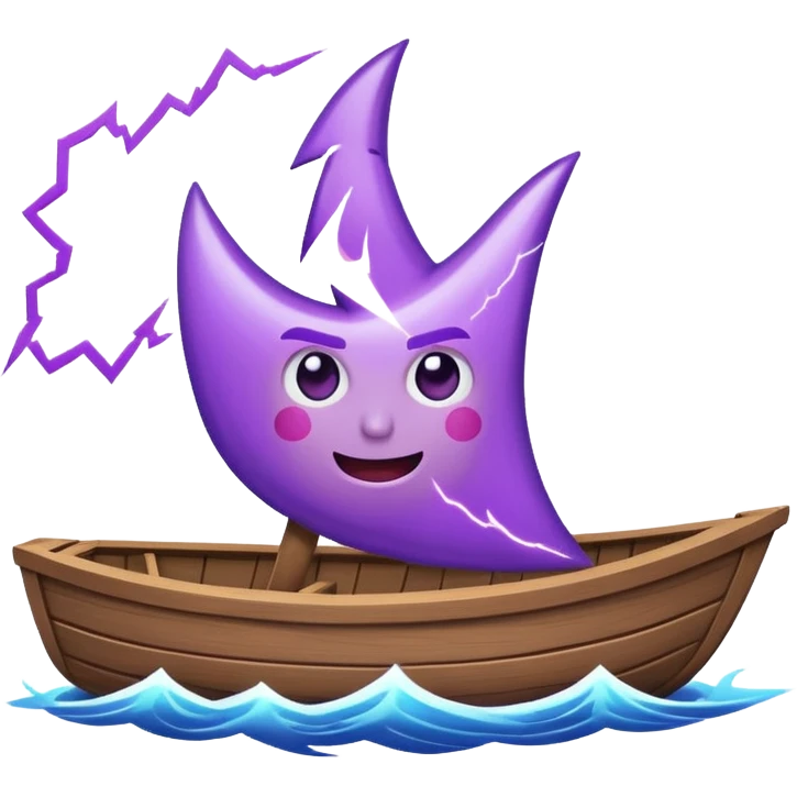 an animated gif emoji of a buff purple lightning bolt sailing away on a boat emoji