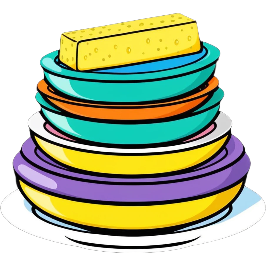 a stack of sparkling clean dishes with a sponge and soap emoji