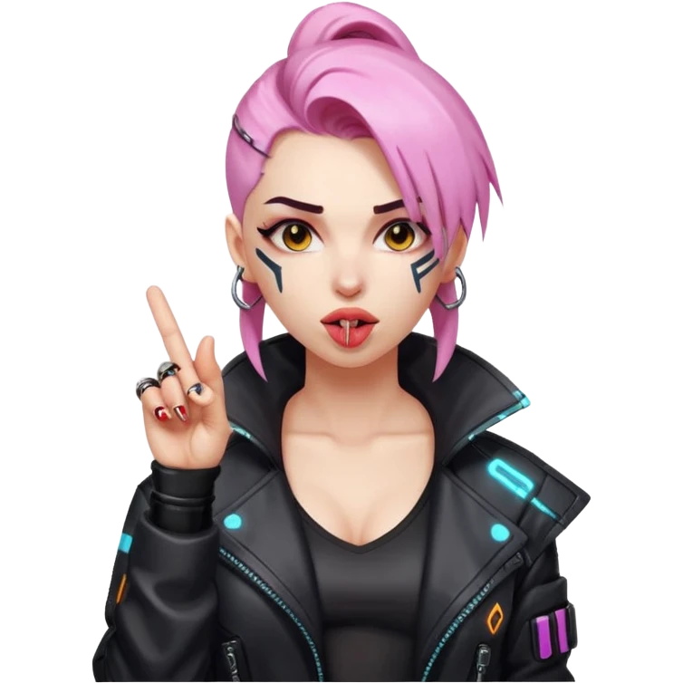 Woman with her tongue out in cyberpunk clothing and giving the middle finger. Looking naughty. emoji
