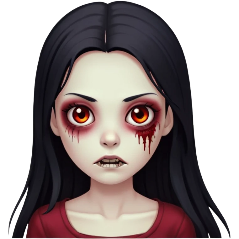 zombie girl with long straight black hair, dark eyes, long eyelashes, dark red cropped emoji