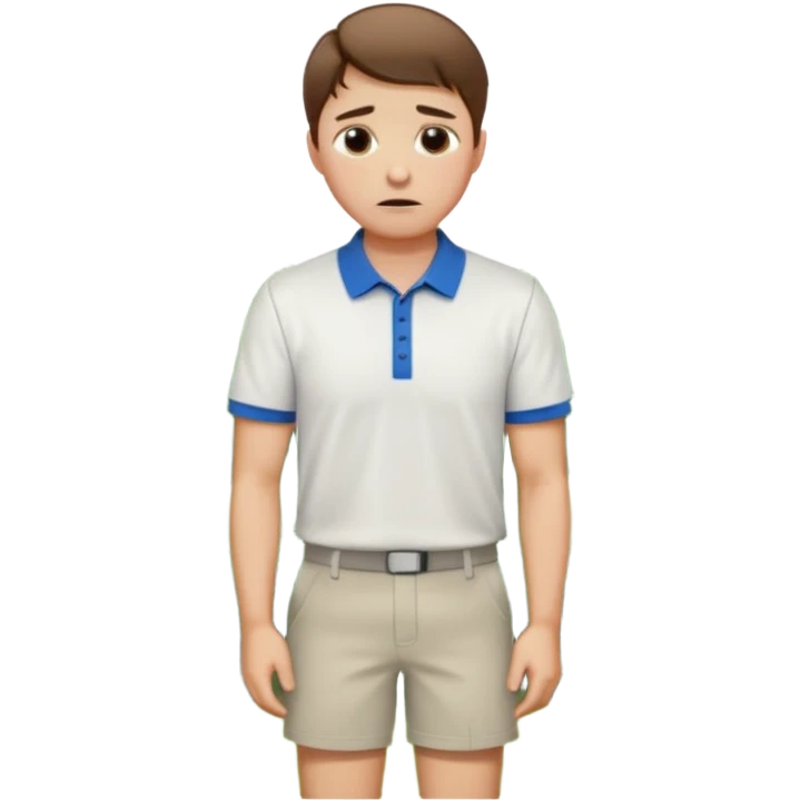 Handsome male.short brown hair.wearing golf shirt and shorts.crying.in garden emoji