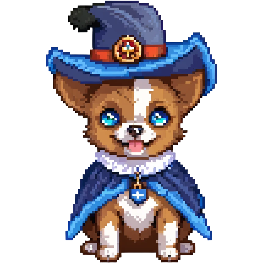 A cute small dog with sleek black fur, bright blue eyes, and a playful expression, dressed as a musketeer. The dog is wearing a classic musketeer hat with a feather, a tiny cape, and a ruffled collar. The dog is playfully saluting with a paw raised in a noble gesture. emoji