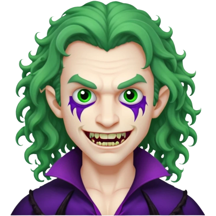 Vampire, long curly hair, male, fanged teeth, stitches with one side of face green and the other side purple, emoji