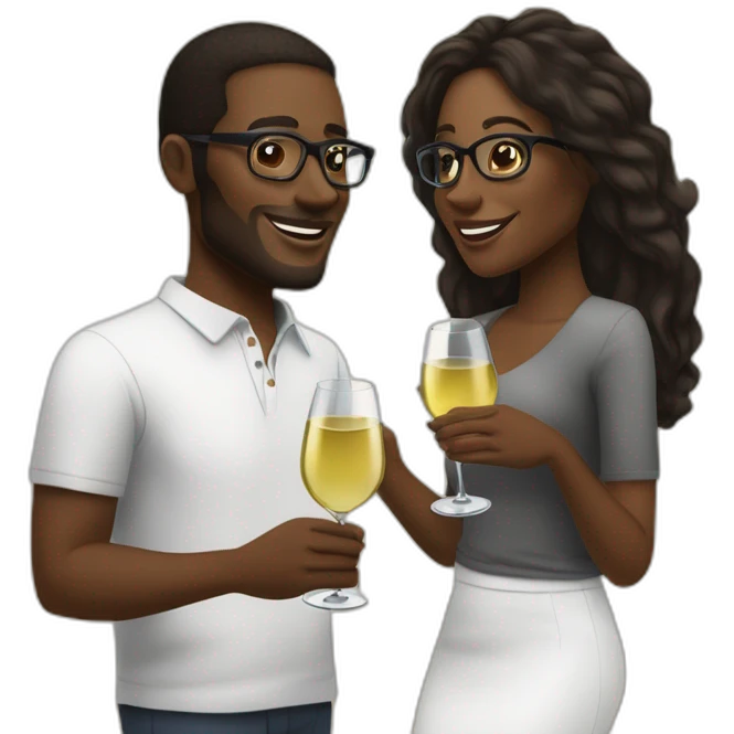 An African couple, a black woman with long dark blonde hair and brown eyes, and a black man with a medium fade haircut who wears glasses, toast to each other with a glass of white wine. emoji