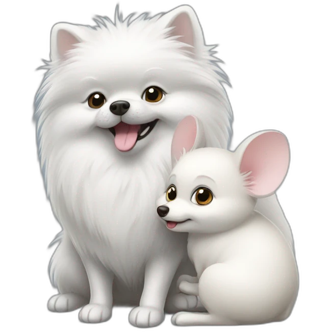 white pomeranian and gray mouse hug emoji