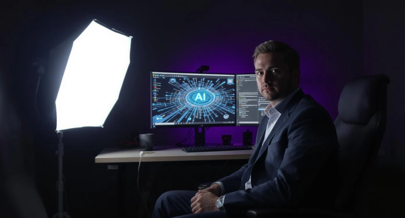 Course thumbnail, Photo of a business sitting on chair looking at camera, in background is computer with AI art on it, white softbox key light, environment is dark background but have proffesiona purple ambilight and leading lines, image feels proffesional and clean, rule od thirds emoji