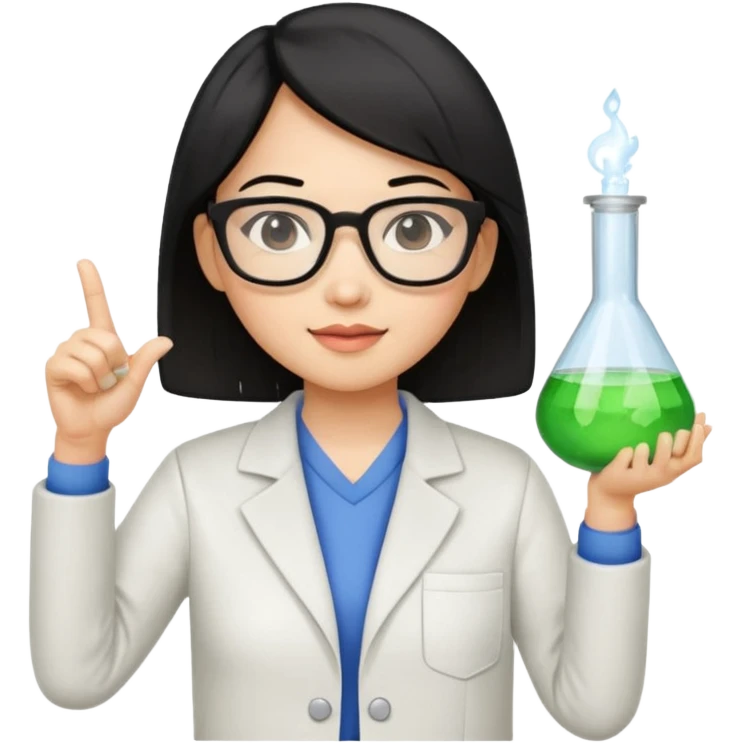 female asian chemistry teacher wearing glasses holdin a flask pointing right with straight short hair to her shoulders emoji