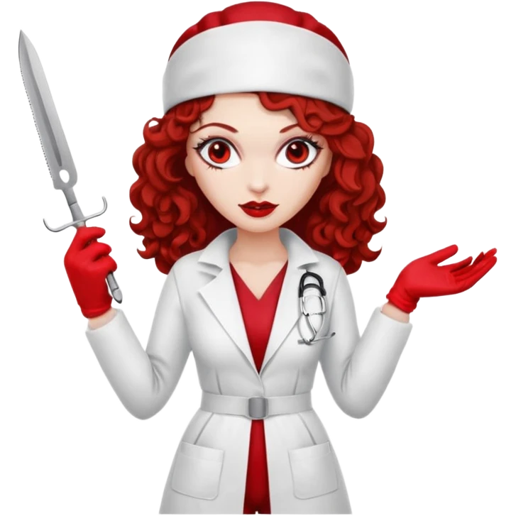 


Scary woman scalpel in hand, evil surgeon sexy surgeon clothes.  She has red eyes. Her  brown long curly hair. Wears sexy doctor outfit with red gloves. make her wear red ski mask  to hide. Wears white surgeon coat, wears  stilettos emoji