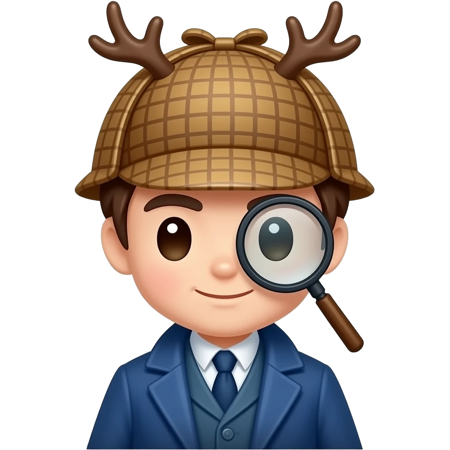 Chibi Sherlock Holmes icon, deerstalker hat, blue coat, Magnifying glass emoji