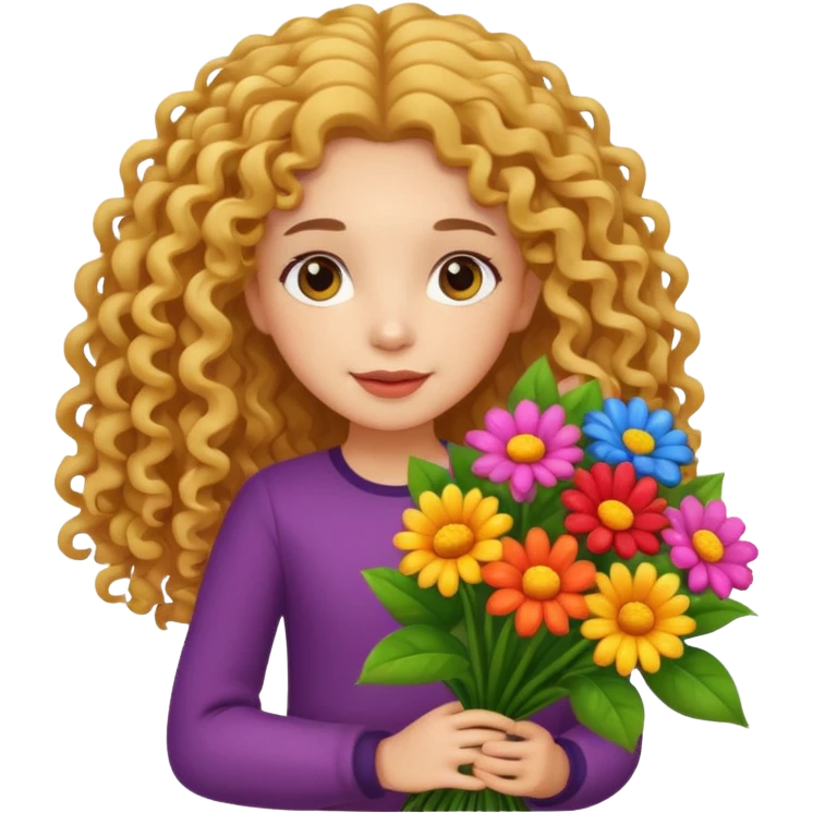 light skinned long curly haired girl holding big bright bunch of flowers. White background. emoji