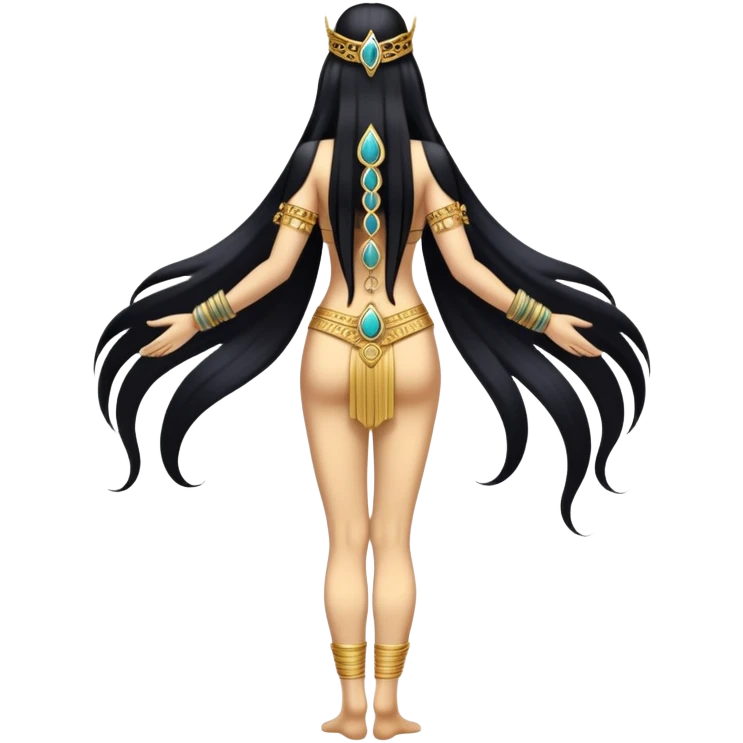 fullbody back view of Anunnaki goddess Inanna with flowing long black hair, completely bare back, and decorative gold jewelry on wrists and feet emoji