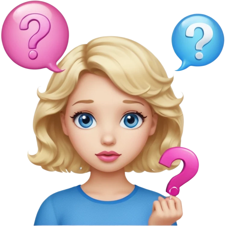 Girl Blonde short wavy hair,  blue eyes, cute blue top, long lashes, pink lips, question mark bubble emoji