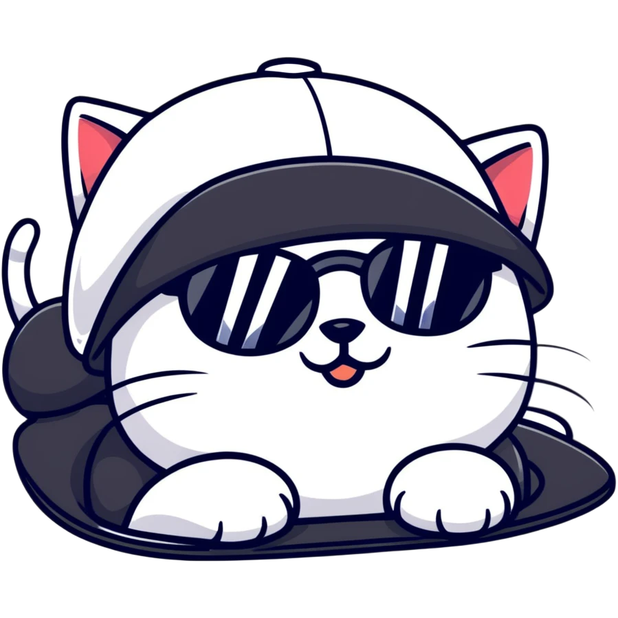 close-up of cat's face with one eye completely closed in an obvious wink, other eye open, wearing black snapback cap, black sunglasses positioned low on nose so cat is peeking over them, mischievous expression emoji