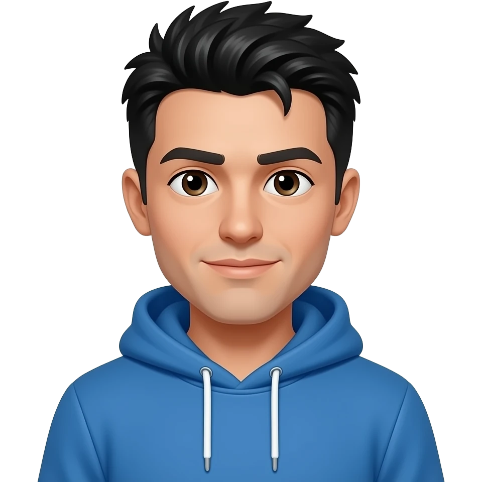 men with short wild black hair, wearing a blue hoodie emoji