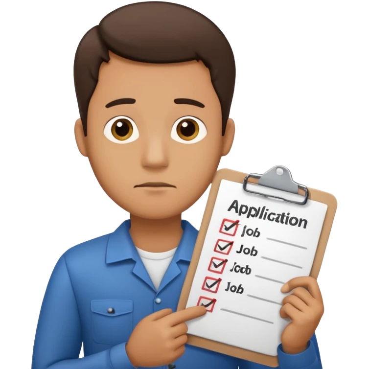 Man looking sad while holding a clipboard with a checklist that has a heading that says job application  emoji