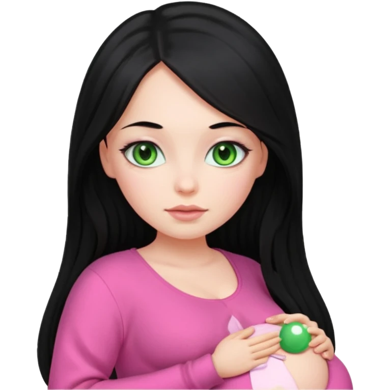 Beautiful Russian girl green eyes very long black hair pink clothes pregnant emoji