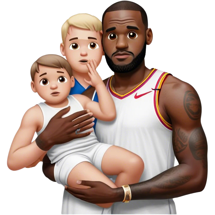 lebron james cradling a white boy but he’s smaller than normal and his hands are bigger than the boy’s whole body and he’s whispering “rest now. you’re safe” emoji