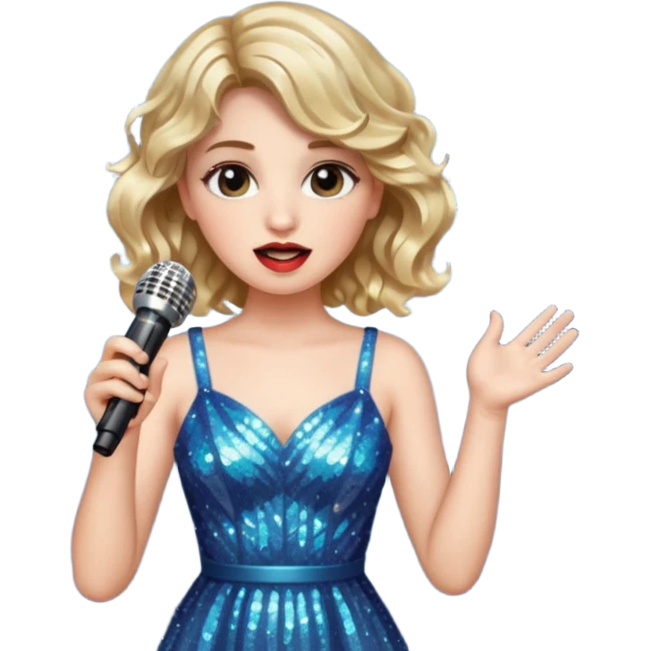 A short wavy female singer in sparkling dress holding a mic with emotional expression emoji