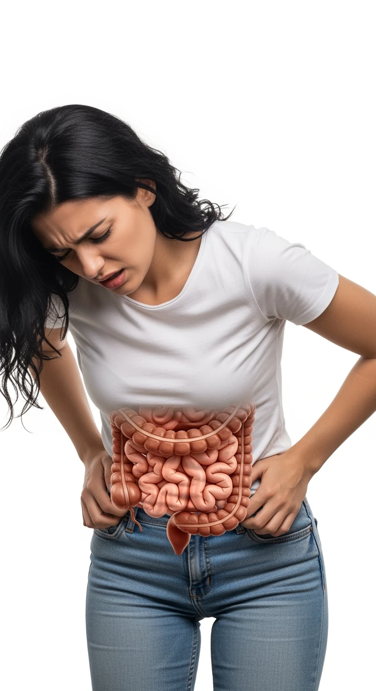 donna giovane piegata in avanti con mal di pancia e INTESTINO UMANO ANATOMICO IN EVIDENZA, iperrealistica 4k, ISOLATA SU SFONDO BIANCO emoji
