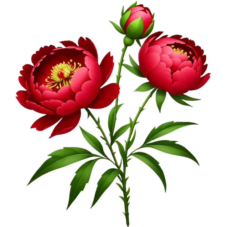 bouquet red Peony, luxuriant, stem, leaf, bud emoji