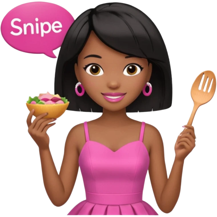 Black barbie, short  black bob  hair, pink dress eating with a sign that says snipe emoji