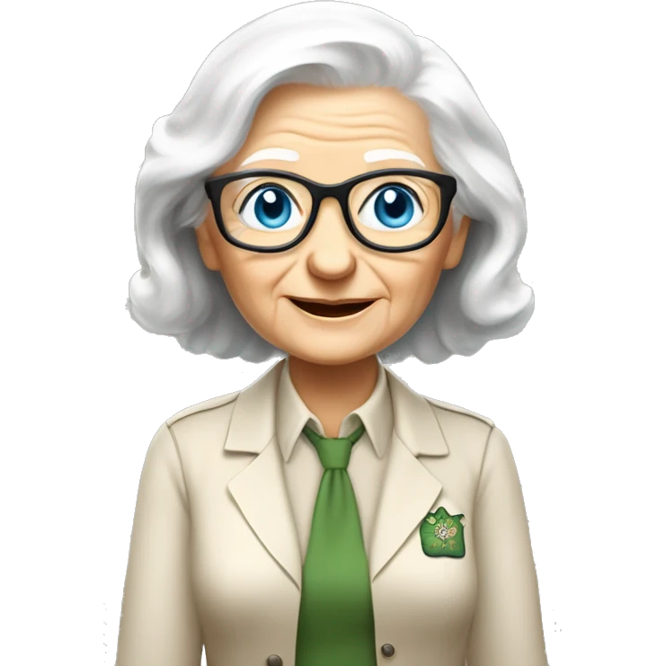 old white lady from ireland with blue-eyes, black-glasses white hair, and dresses like biologist (like, she only wears khaki short sleeve button down shirt and a khaki pants)  emoji