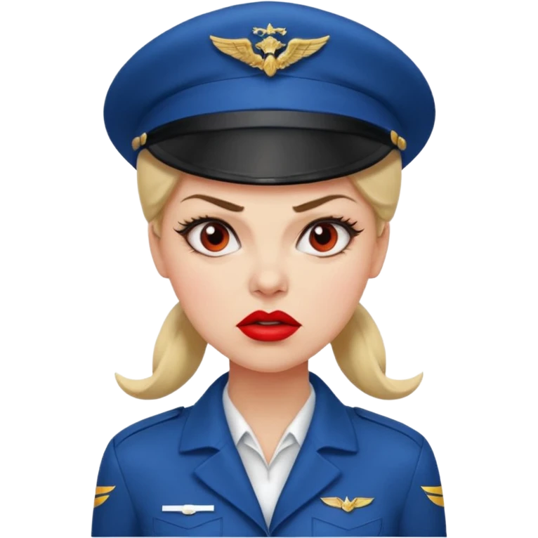 сгенерируй фото женщину с шапкой пилоткой стюардессы и злая  emoji