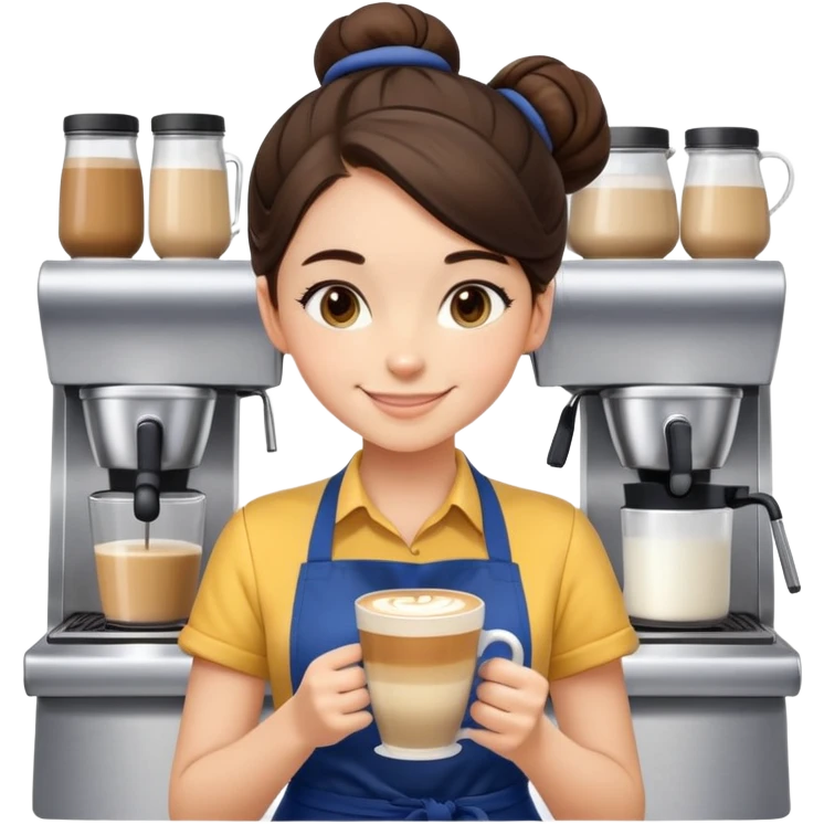 Cute brunette barista girl with hair in a bun wearing yellow shirt and dark blue apron, she's relaxed and making latte art, smiling at the coffee cup emoji